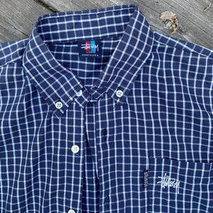 Vintage 90s Stussy Button Up Shirt Large Checkered Pattern Shirt Blue